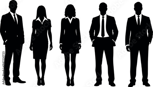 Silhouettes of Diverse Business Professionals in Formal Attire Standing Together Representing Corporate Teamwork, Leadership, Equality, and Workplace Unity
