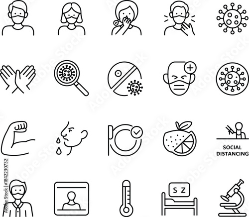 Coronavirus line icons set, vector illustration, covid-19 symptoms, medical healthcare signs, pandemic safety, social distancing, virus prevention, immune system symbols