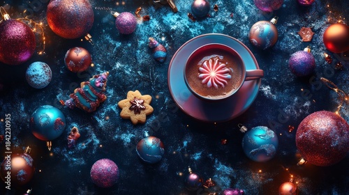 Flat lay, top-down view of carefully arranged futuristic Christmas cookies, ornaments, and a cup of glowing cocoa on a dark, textured surface