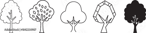 Tree Icon Set with Minimal, Geometric, Outline, and Solid Silhouette Styles Featuring Natural Foliage Shapes for Eco, Nature, Environment, and Landscape Design Themes