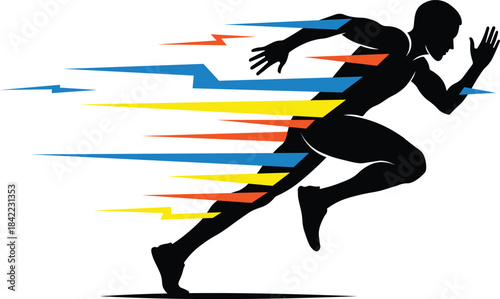 A silhouette of a running man with colorful speed lines isolated on