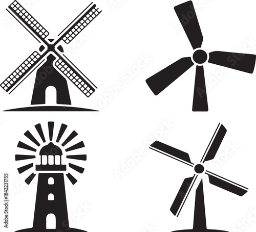 Collection of wind power generators and traditional windmills