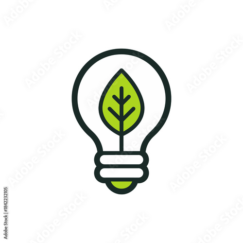 Vector icon of a lightbulb with a leaf filament inside in lime green