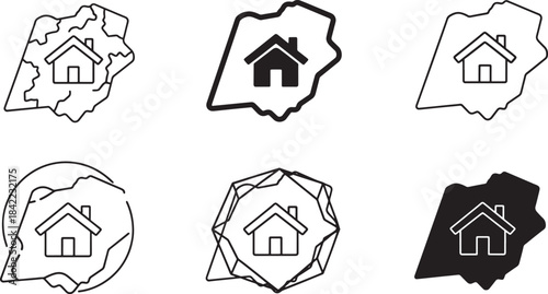 Home Location District Map Icons Featuring House Symbols, Real Estate Area Markers, Regional Property Boundaries, Geometric and Outline Style Location Graphics for Real Estate and Mapping