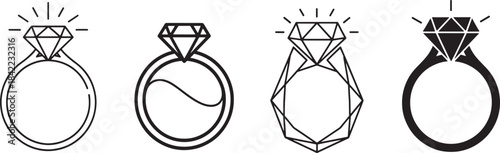 Elegant Diamond Engagement Ring Icon Set in Minimal, Geometric, Outline, and Solid Styles Featuring Sparkling Gemstone Illustrations for Wedding, Proposal, Jewelry, and Luxury Designs