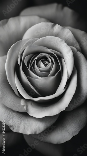 A close-up view of a beautifully detailed black and white rose, showcasing intricate petals and a mesmerizing spiral center.