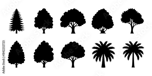 Diverse collection of black tree silhouettes, featuring a variety of forest, park, and garden plant forms in vector illustration, perfect for nature-themed graphic design