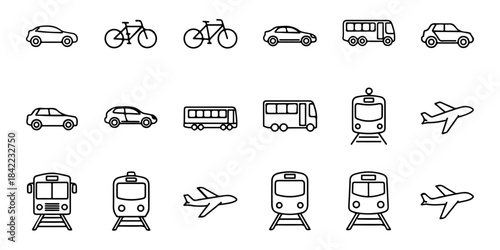 Comprehensive collection of minimalist outline vector icons representing various modes of transportation including cars, bicycles, buses, trains, and airplanes for modern design projects