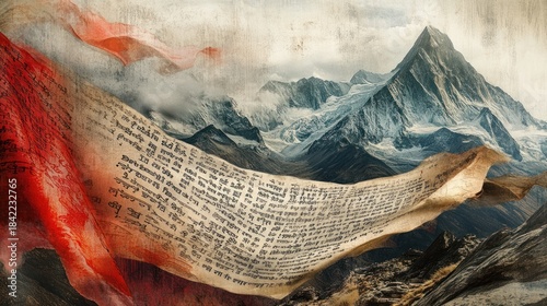 Weathered Buddhist prayer flags, printed mantras appear to float off the fabric as shimmering, ethereal text, wind-swept motion (implied), mountain dawn light