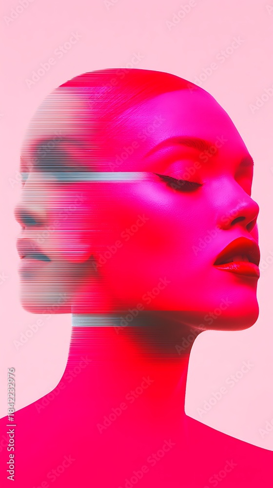 Fototapeta premium A visually striking digital artwork featuring a stylized female face with vibrant pink tones and dynamic lines, suggesting movement and emotion.