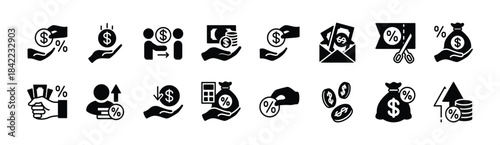 Commission money icon vector set. Contains income, profit, salary, calculate percentage of earnings, wages increase, pay, financial accounting, payment, loan, tax deduction. Illustration