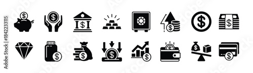 Finance icon vector set. Contains savings, piggy bank, profit, currency, safe, dollar coin, investment growth chart, earning money increase, deposit, credit card, balance, gold, jewelry. Illustration