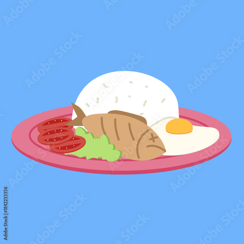 A Delicious Meal Featuring Fried Fish, Rice, Egg, and Sliced Tomatoes on a Plate