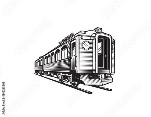 Detailed Vintage Passenger Train Carriage Illustration on Railway Tracks in Retro Engraving Style.