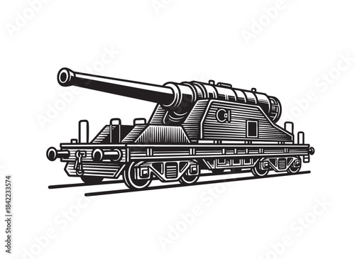 Heavy World War Railway Gun Artillery Cannon Mounted on a Train Wagon Vector Illustration.