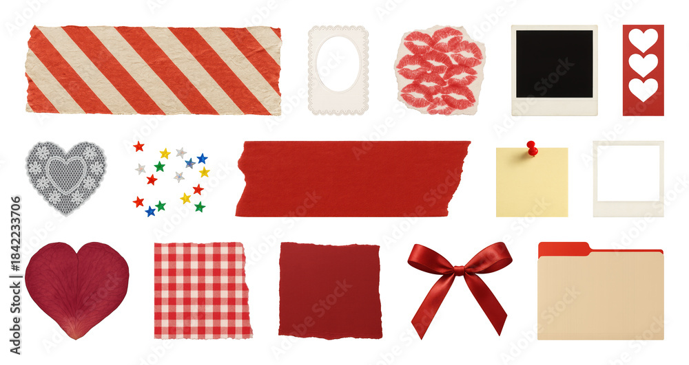 Fototapeta premium PNG Red-themed scrapbook embellishments element set, transparent background