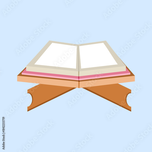 An open Qur'an rests on a wooden stand, symbolizing faith and knowledge on a pastel blue background