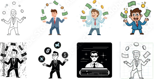 Happy Businessman Juggling Money and Coins Vector Illustration - Financial Management, Wealth, and Income Concept