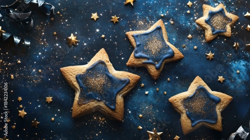 Surreal Christmas cookies with a texture of velvet starlight, sprinkled with edible diamond dust, on a cosmic background