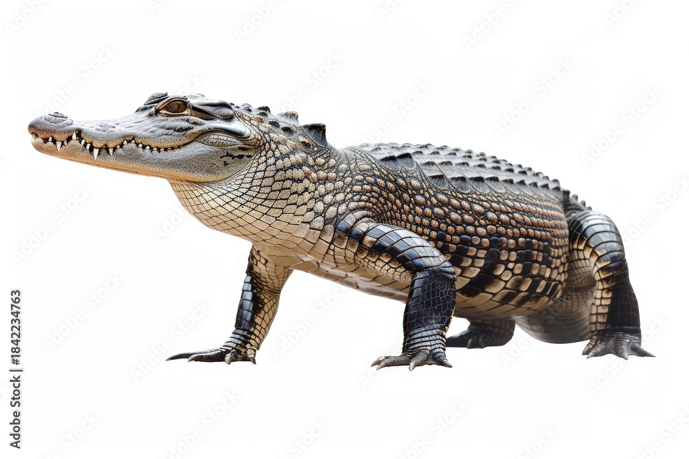 Fototapeta premium A detailed close-up image of a crocodile's head and upper body, highlighting its textured scales and prominent teeth. The stark white background emphasizes the animal's features.