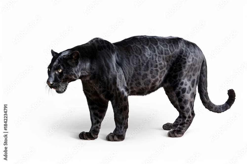 Fototapeta premium A majestic black leopard is captured in a poised and watchful stance against a stark white backdrop. The image emphasizes the animal's power and stealth.