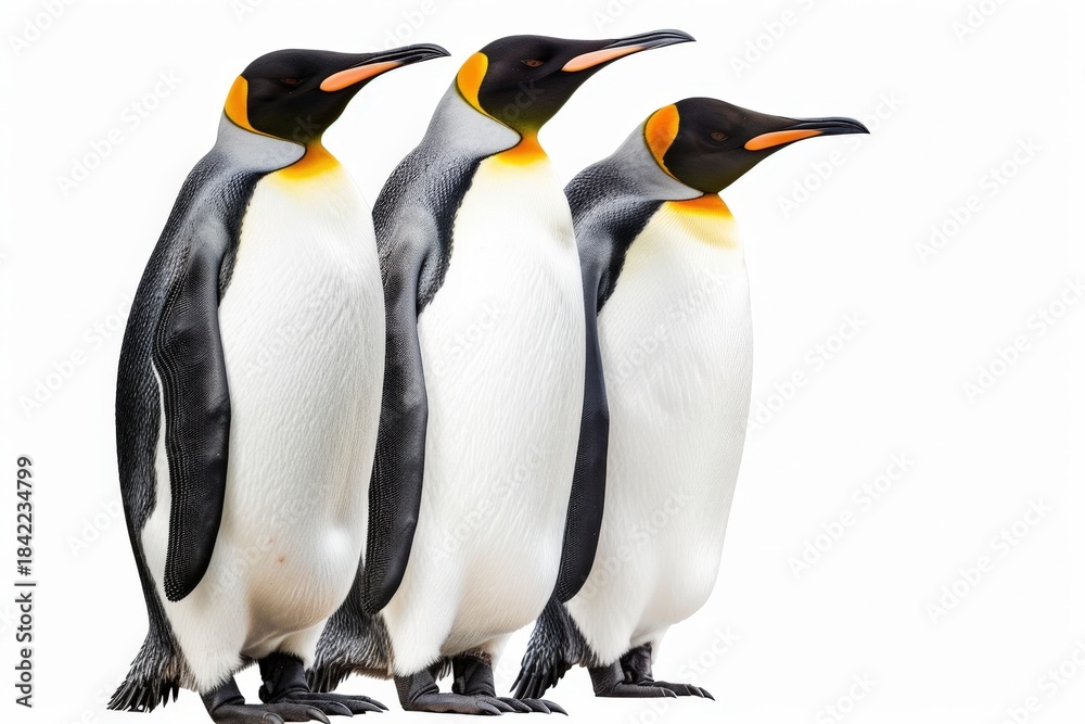 Fototapeta premium Three penguins are standing side-by-side in a line. They appear relaxed and serene, creating a charming and simple scene.