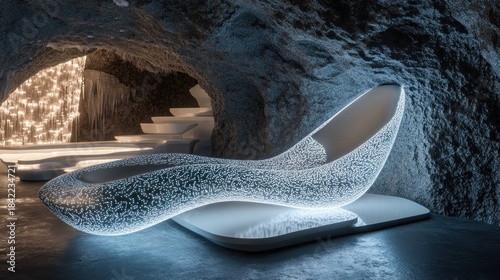 Organic, flowing alien architecture, bioluminescent materials, built into a crystalline cave system, otherworldly