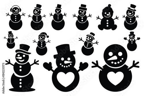 Collection of black snowman icons with hats and accessories
