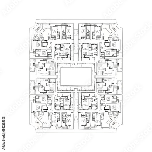 Architectural floor plan of a multi-unit residential building with detailed room layouts.