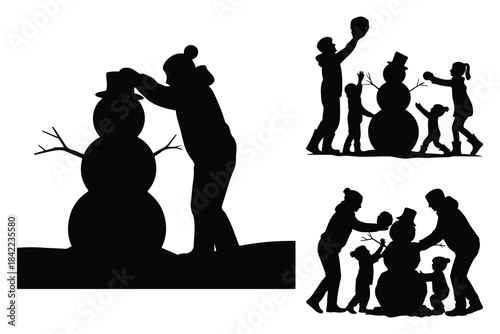 Black silhouettes of families building snowmen in the snow