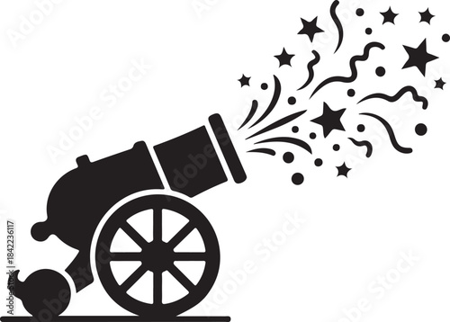 Circus or Festival Cannon with Confetti Blast in Black Silhouette