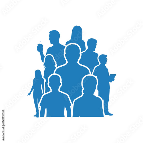 A Diverse Group of Blue Silhouettes Representing a Community or Team Standing Together Isolated.