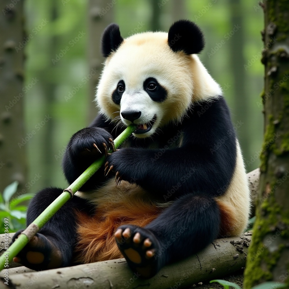 Fototapeta premium AI generated Adorable baby panda with soft fur exploring lush bamboo grove in China