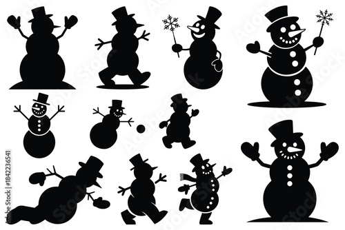 Collection of black snowman silhouettes in various poses