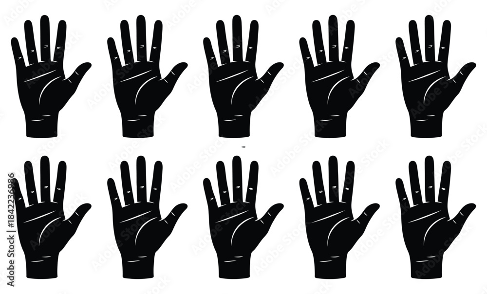 Obraz premium Black silhouette pattern of open human palms in a repetitive arrangement on a white background