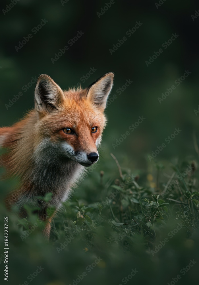 Fototapeta premium A secretive fox peeking cautiously from dense undergrowth, exhibiting cunning intelligence and wily instincts while observing the environment intently, intelligent, peeking, ambush