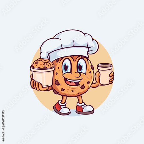 Cute Cookie Chef Mascot Holding Cookies and Milk