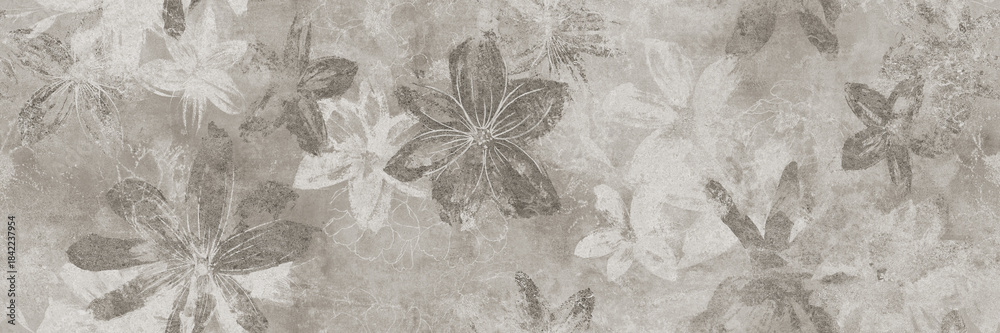 Obraz premium Cement texture with seamless flowers pattern. Wallpaper, textile or ceramic design.