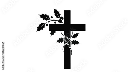 Black cross with holly leaves and berries symbolizing Christmas or Easter on white background