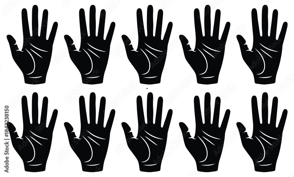 Fototapeta premium A repeating pattern of ten black human hand silhouettes against a white background