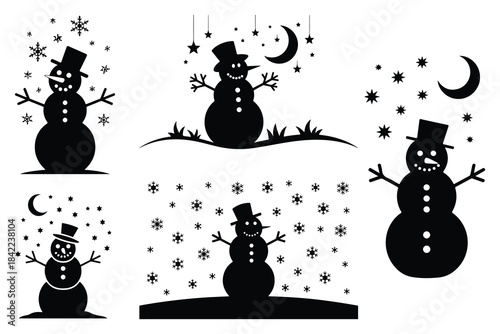 Black silhouette snowmen with hats snowflakes moon and stars