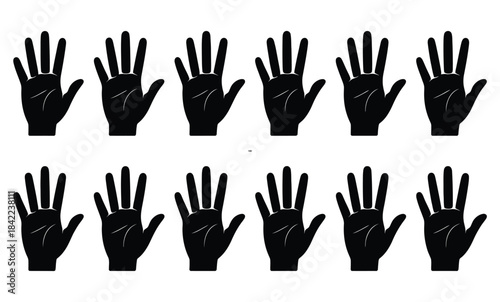 A repetitive pattern of ten black hand silhouettes on a white background