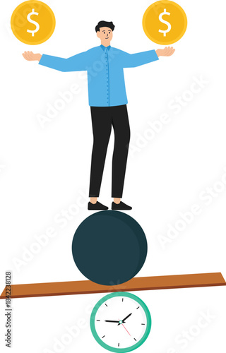 Time value of money and sum of money worth more now at present time than future, inflation or earning cost value depend on time, businessman holding money big and small coin on clock seesaw.
