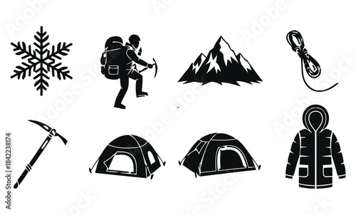 Collection of mountaineering and winter camping equipment icons for outdoor adventures