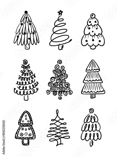 Set of Christmas tree icons, silhouettes in black color. Silhouettes of Christmas trees. Vintage vector icons isolated on white background. 