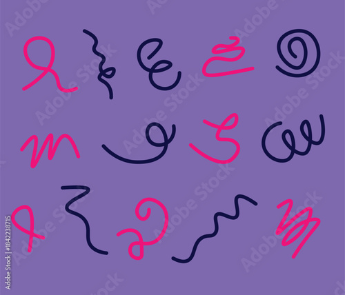 Wallpaper Mural Abstract playful background with wavy, noodle-like pink and navy blue lines on a  purple backdrop. Dynamic, motion-inspired forms create a vibrant and energetic visual.  Torontodigital.ca