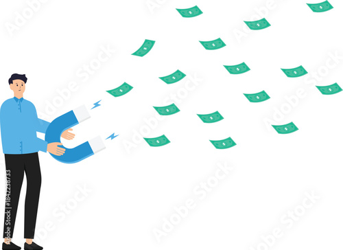 Money magnet and power to attract business opportunity and earn more profit or increase wealth and salary raise or earn more income concept, businessman hold high power magnet to draw money banknotes.