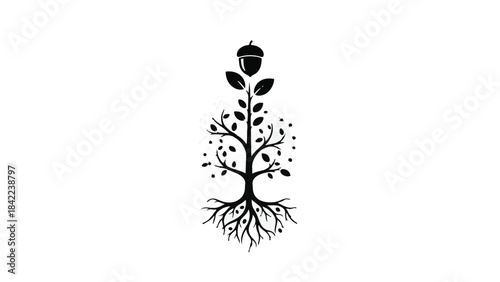 Simple black tree with flower and roots minimalist nature symbol for business ecology and wellness concepts on white background