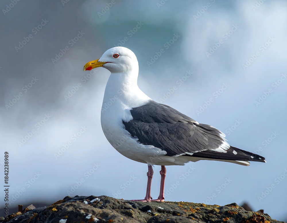 Obraz premium Bird portrait, white head, gray wings, yellow beak, red dot, stands on dark rock, sky backdrop