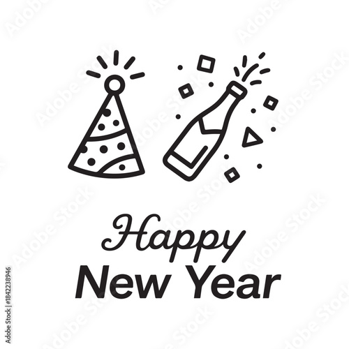 Black and White Happy New Year Icon Set Party Hat, Fireworks, and Champagne Celebration Icons. 